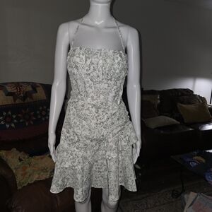 SHEIN White Dress with Green Botanical Print and Ruffle Hem